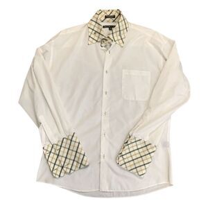 New Gen Unique Retro White Green Plaid Collar French Cuffs Dress Shirt 17-17.5